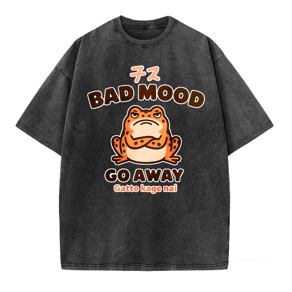 Japanese Style Grumpy Frog Print Washed T-shirt