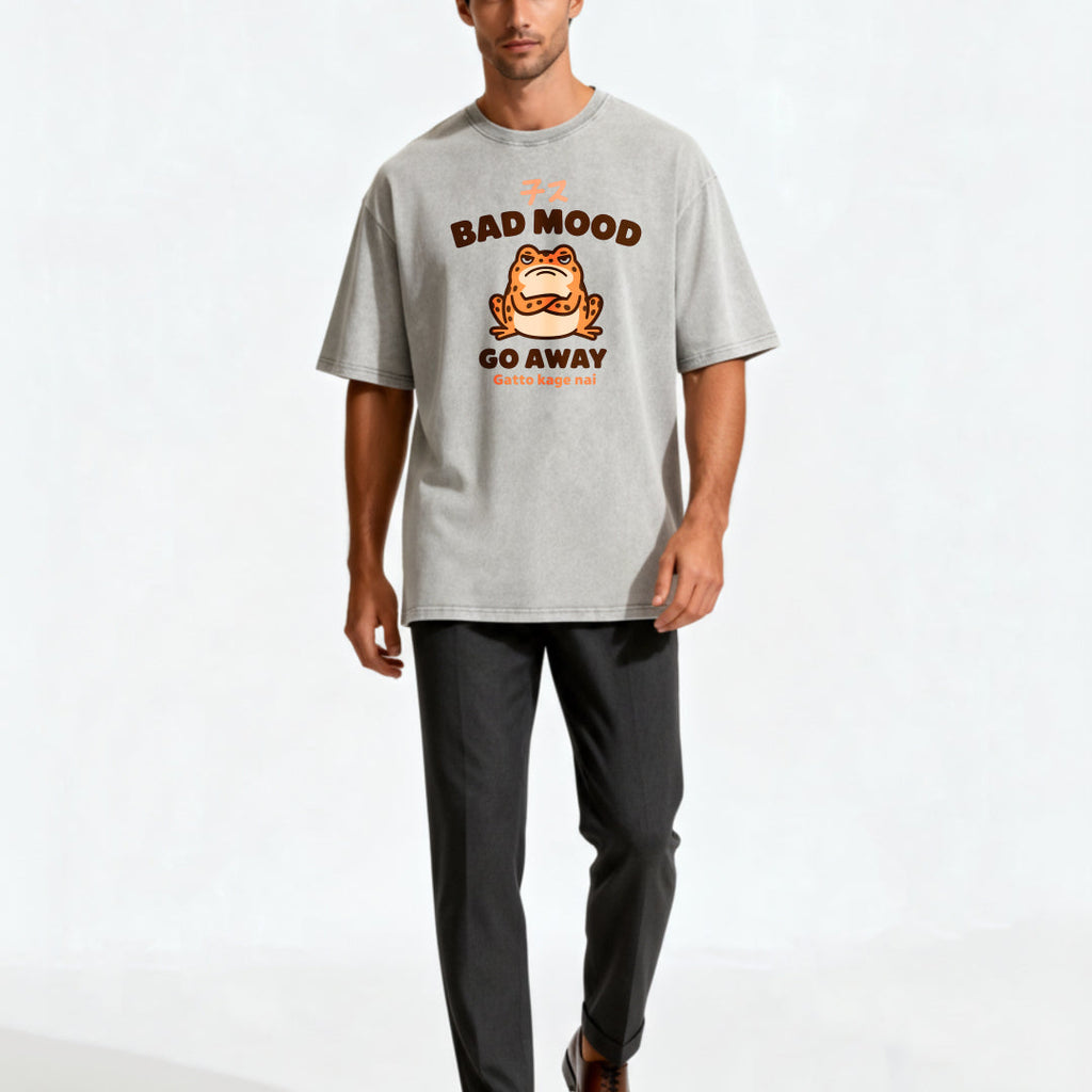 Japanese Style Grumpy Frog Print Washed T-shirt