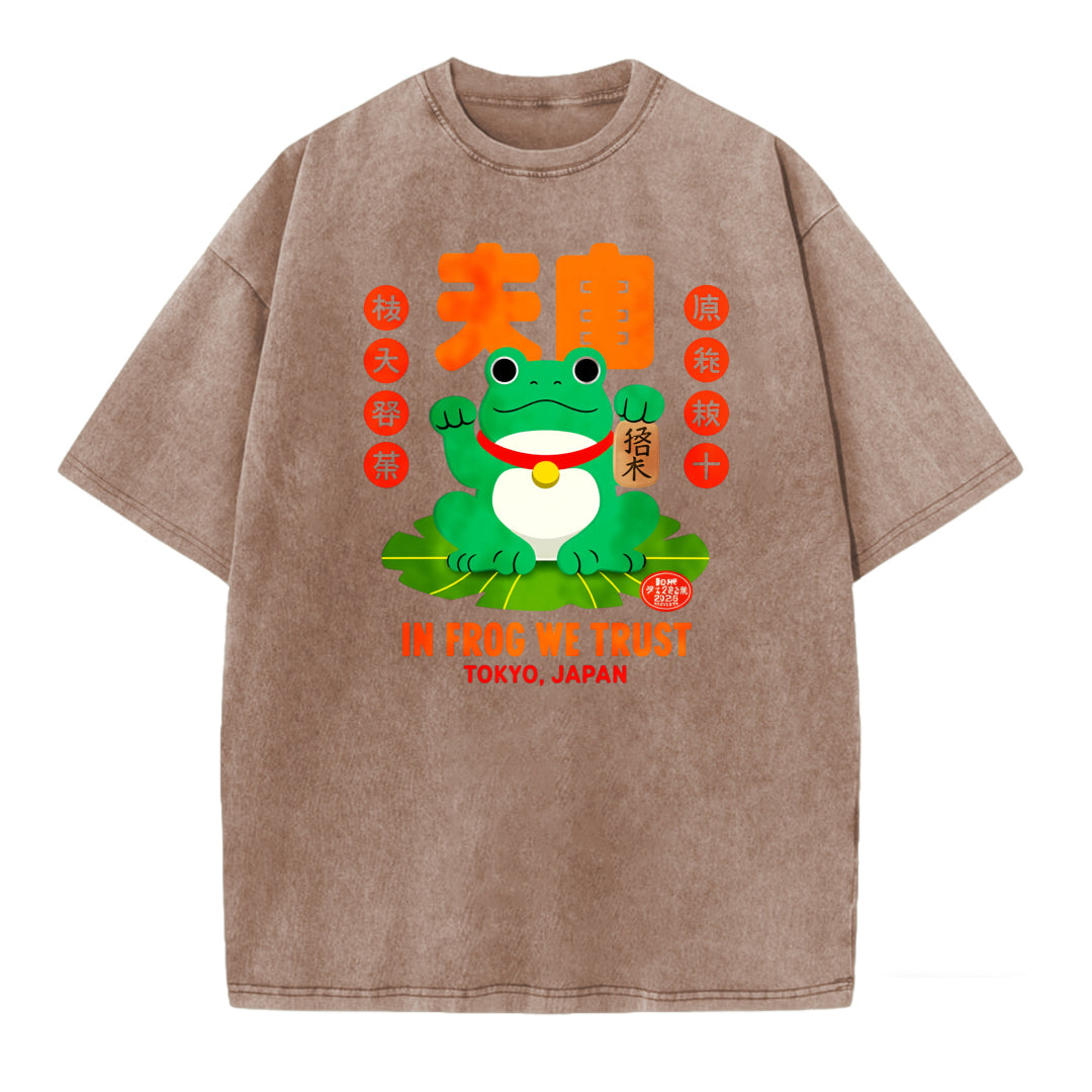 Japanese Style Lucky Frog Funny Print Washed T-shirt